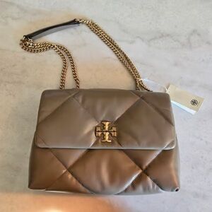 Tory Burch Taupe Quilted Shoulder Bag with Gold Chain